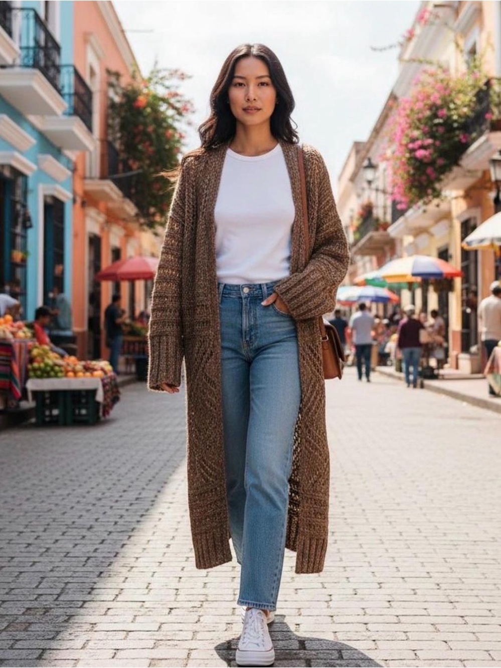 Massimo Dutti Long Open-Front Chunky Knit Cardigan in Brown